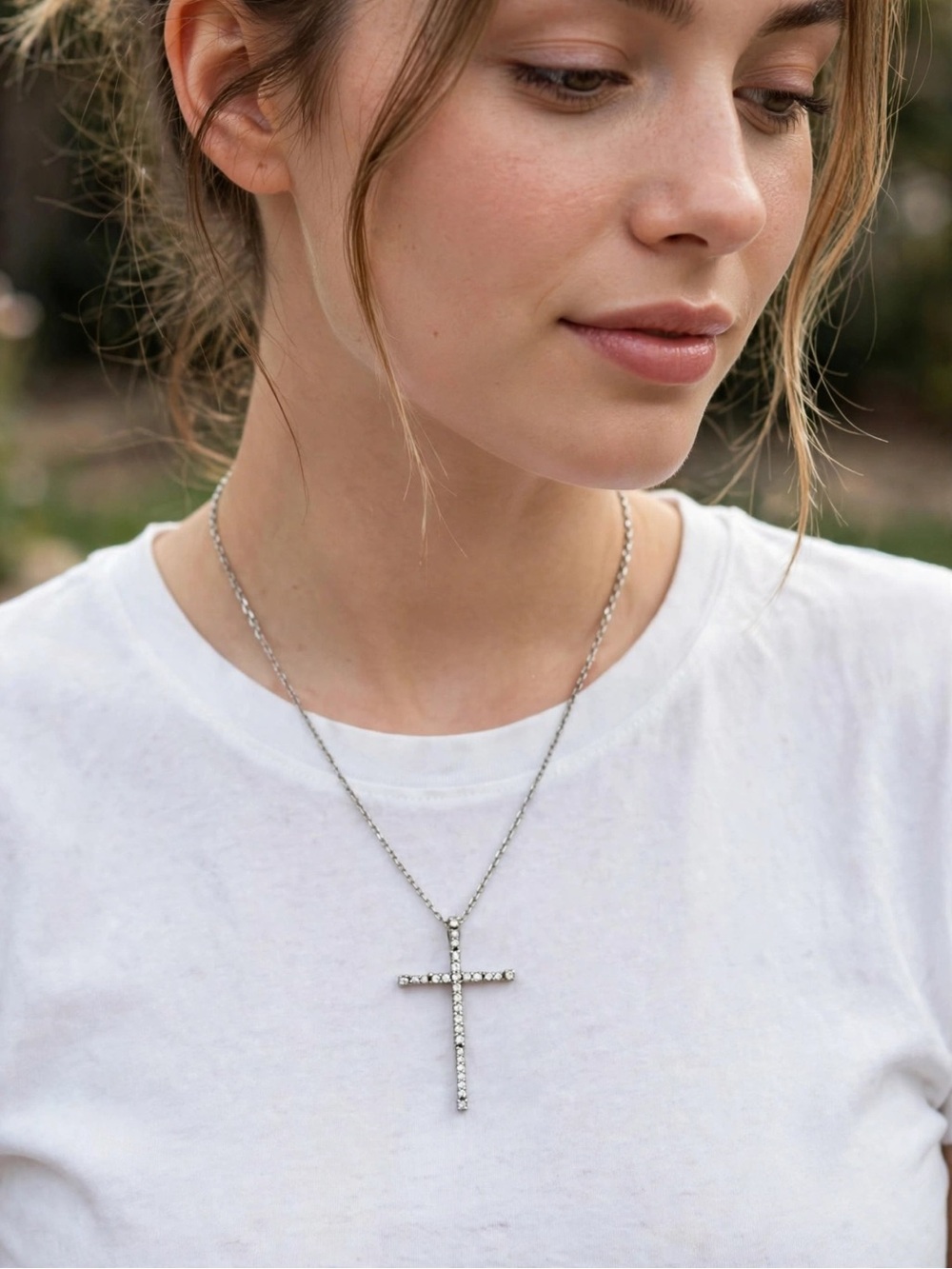 18k Italian White Gold Cross with diamonds Pendant Necklace 14k  - white gold